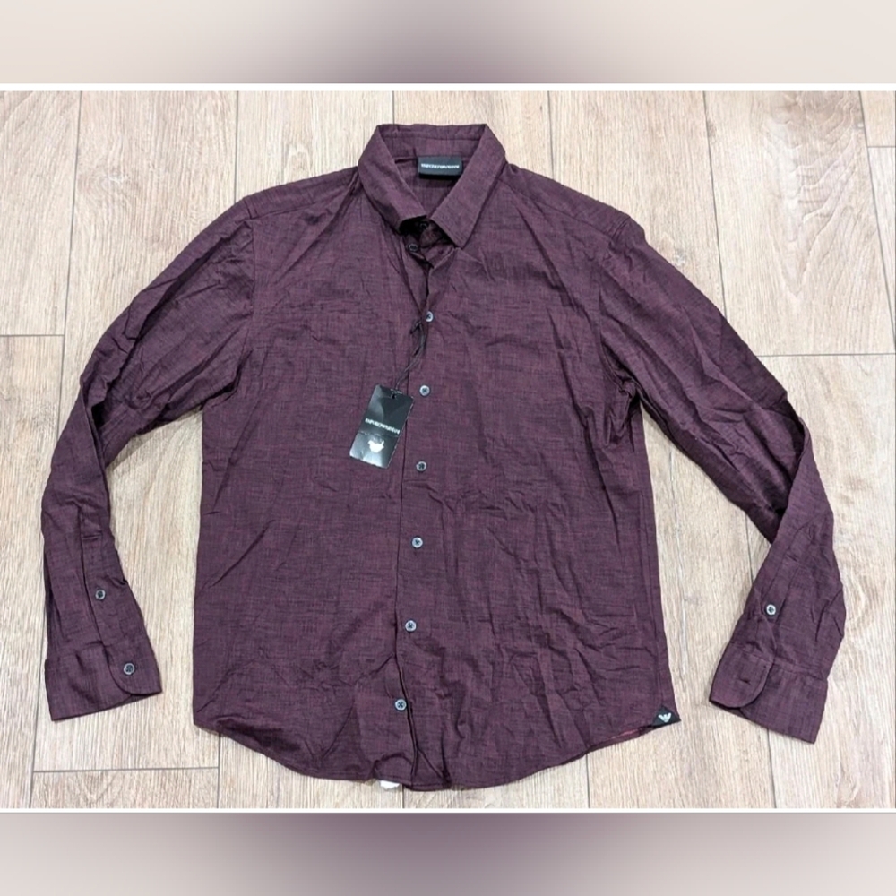 $395 Mens Emporio Armani Stretch LS Button Up Shirt Dark Red Large